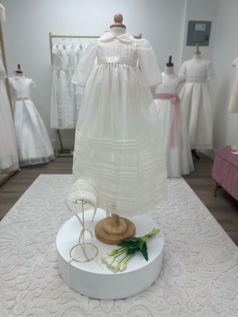 Baptism Gown with Italian Lace & Matching Bonnet – Model #2721V Baptism Gown with Italian Lace & Matching Bonnet – Model #2721V