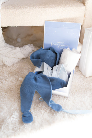 GIFT BOX Indigo Star Knit Set & Pima Cotton Baby Blanket | Bunny Ears Romper