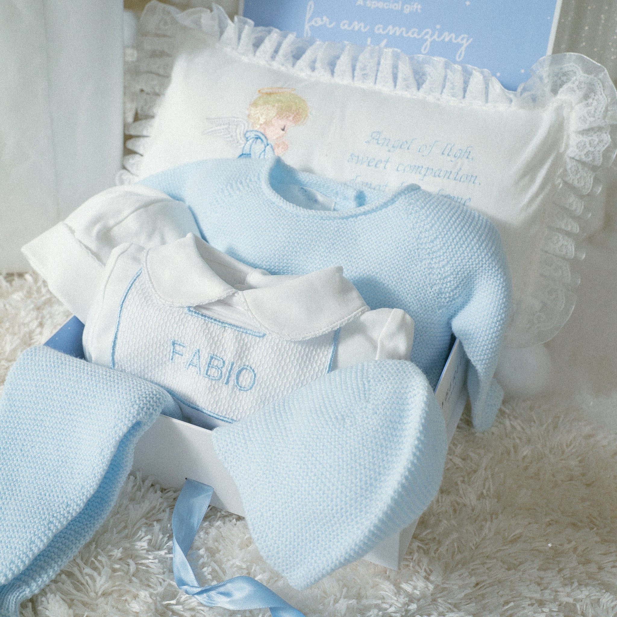 GIFT BOX Pima Cotton Baby Romper with Front Button Detail – Prayer Pillow & Tie Set