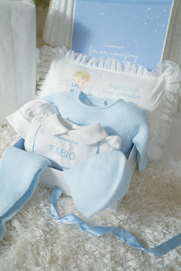 GIFT BOX Pima Cotton Baby Romper with Front Button Detail – Prayer Pillow & Tie Set