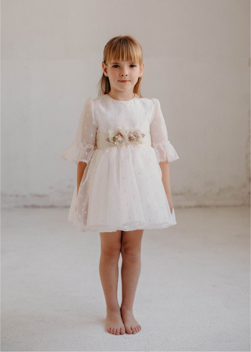 Cortejo Girls' Dress - Organza Rayada con Bodoques (Rosa)