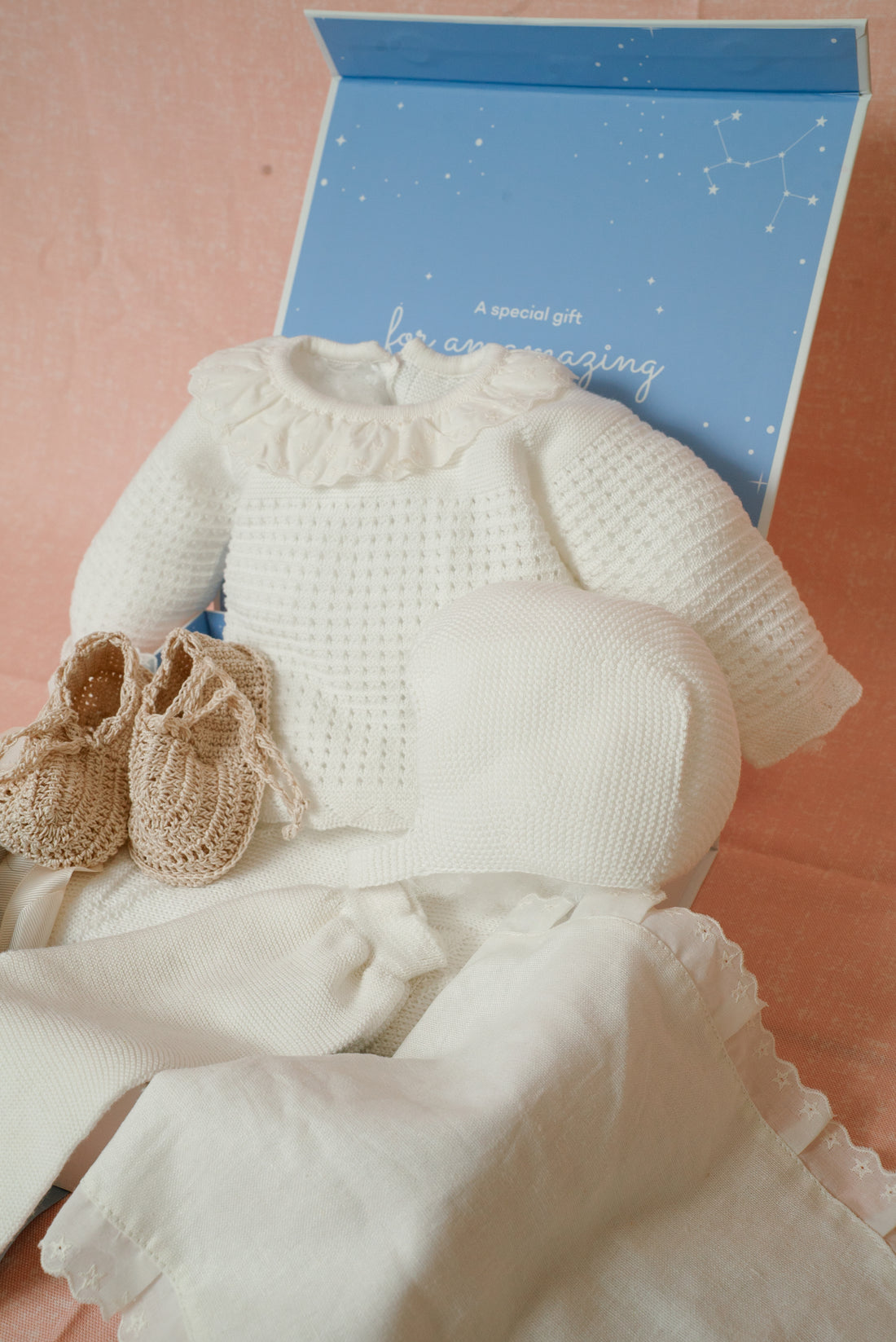 GIFT BOX - Knitted PASION Baby Set – Bib, Burp Cloth, & Knit Shoes  Description: