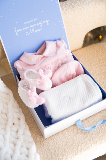 GIFT BOX Pima Cotton Smocked Romper Set – Includes Hat, Blanket and White Knit Shoes with Pom-Poms