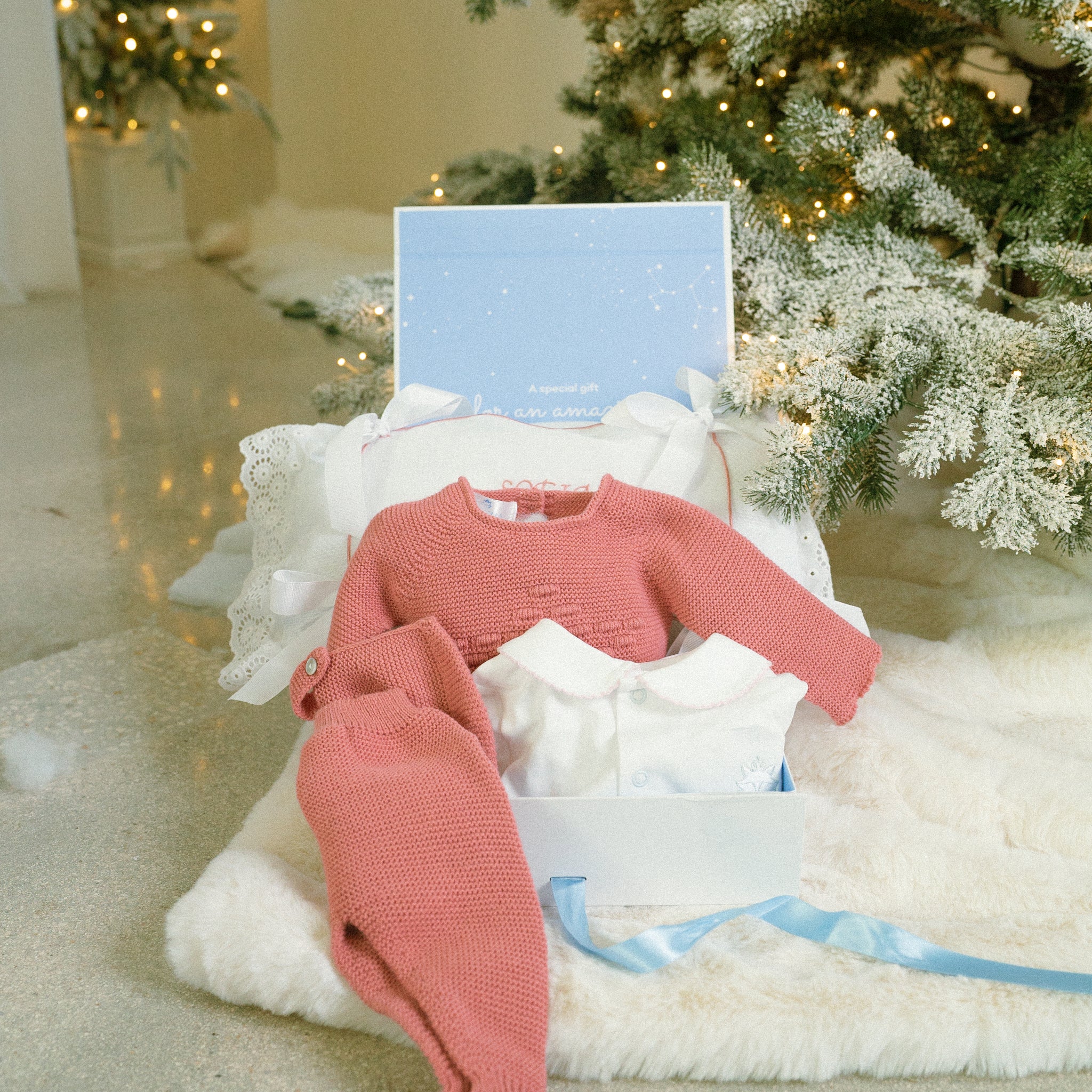 GIFT BOX  Personalized Pillow Star Knit Set with White Pima Cotton Romper – Pink Hand-Embroidered Neckline