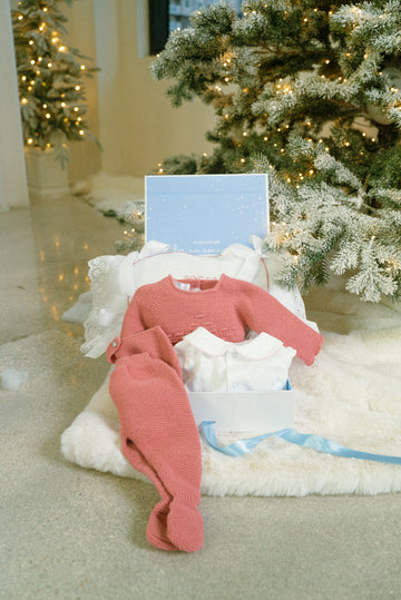 GIFT BOX  Personalized Pillow Star Knit Set with White Pima Cotton Romper – Pink Hand-Embroidered Neckline