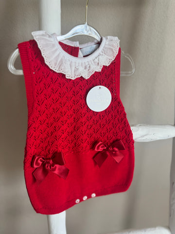 Bow & Bloom – Sleeveless Knit Baby Romper with Lace Collar #P8121