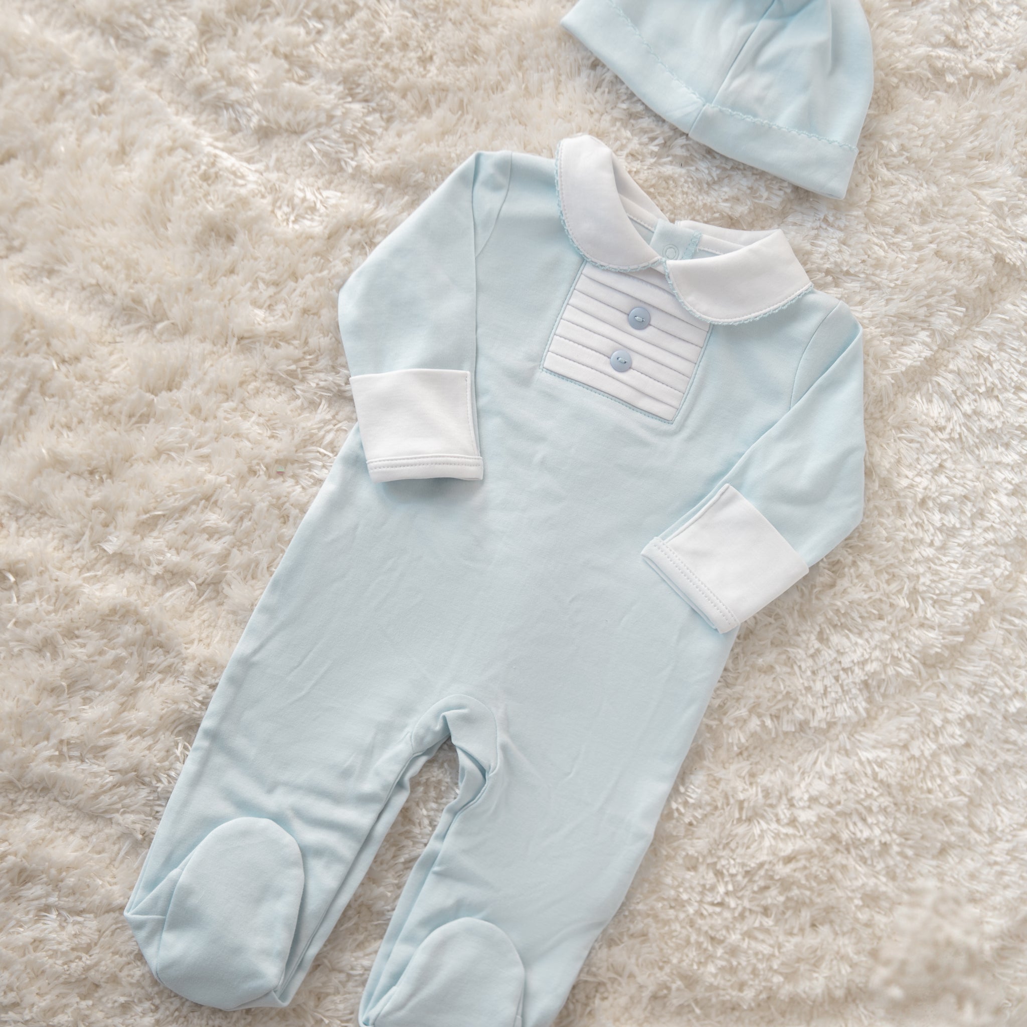 light blue Pima Cotton Baby Romper with Front Button Detail | Stylish Infant Outfit