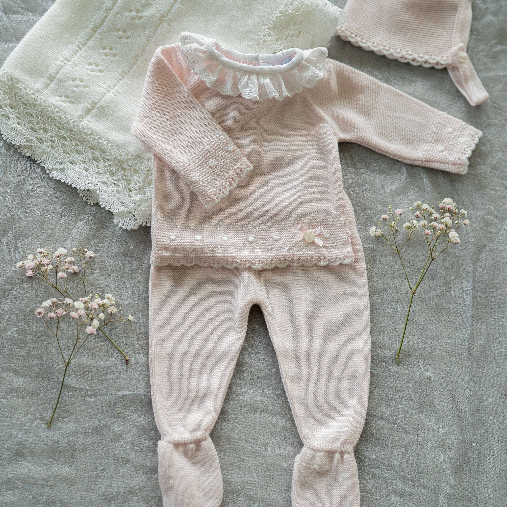 Lace Petals Knit Baby Set – 3-Piece Sweet Ensemble #C8001