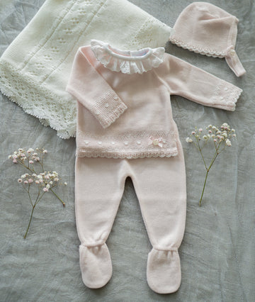 Lace Petals Knit Baby Set – 3-Piece Sweet Ensemble #C8001