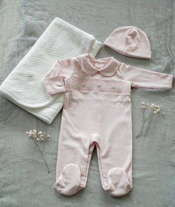 Pink Pima Cotton Smocked Romper with Hat | Soft Baby Outfit for First Wear