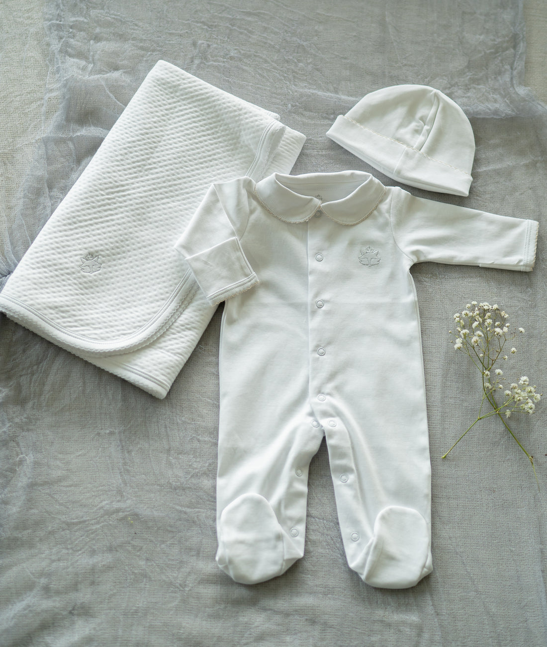 Sand Pima Cotton Romper with Hand-Embroidered Neckline | Elegant Baby Outfit