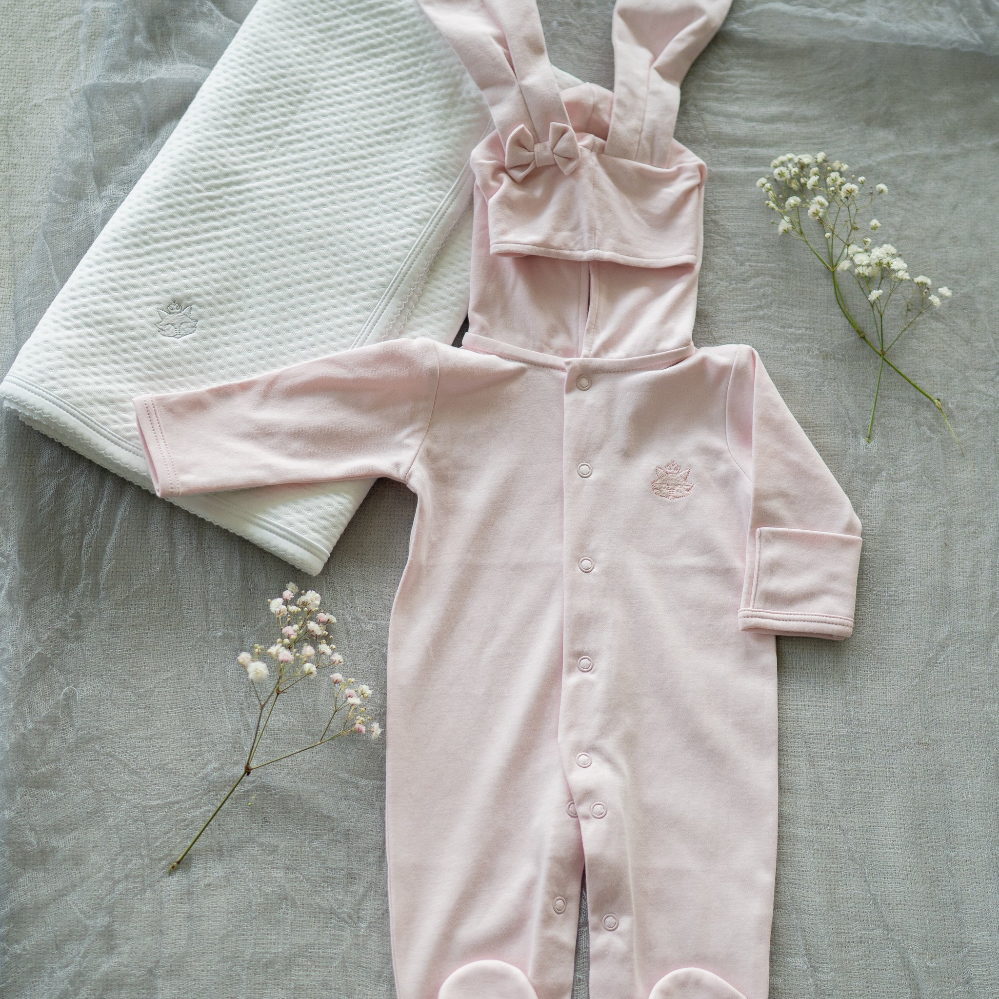 Pink Pima Cotton Baby Romper with Bunny Ears | Adorable Infant Outfit