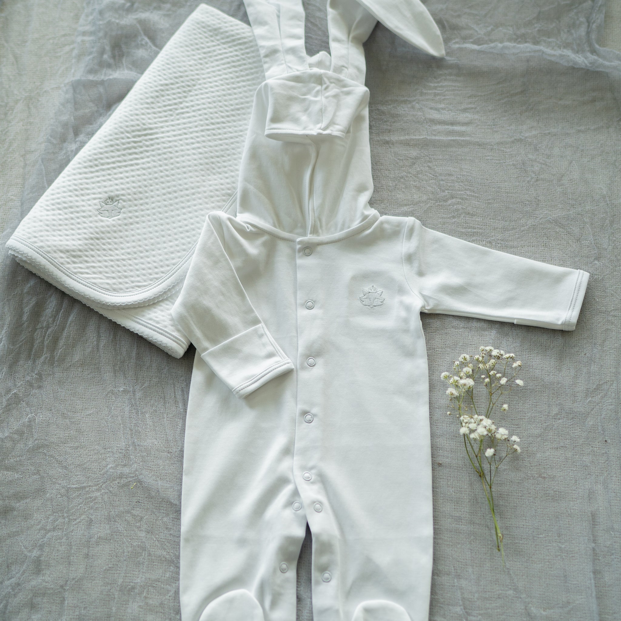 White Pima Cotton Baby Romper with Bunny Ears | Adorable Infant Outfit