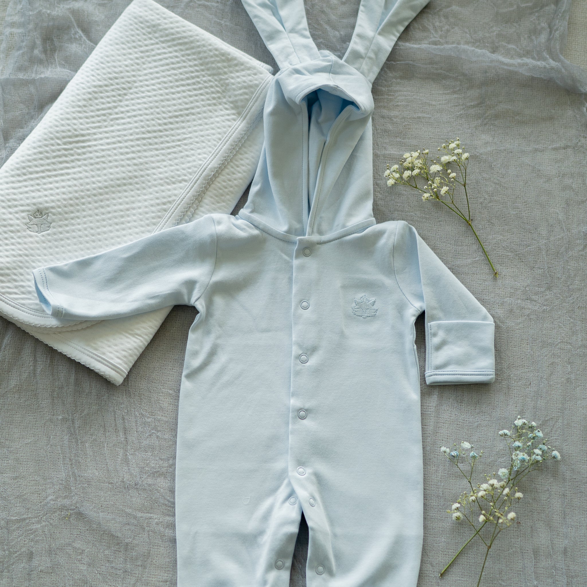 Baby Blue Pima Cotton Baby Romper with Bunny Ears | Adorable Infant Outfit