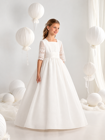First Communion Dress Model #7706 Romantic Short Lace Sleeve