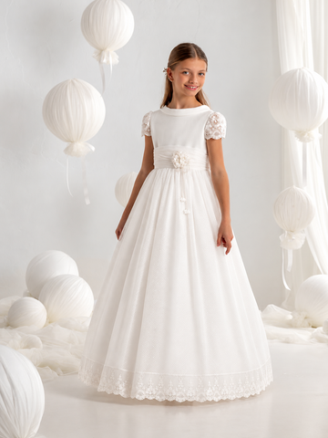 First Communion Dress Model #7120  Dreamy Natural Spanish Lace  Short Sleeve.