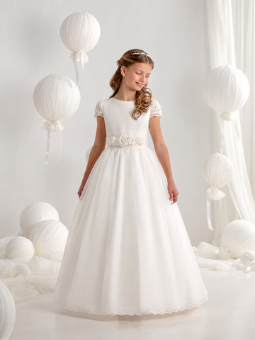 First Communion Dress Model #7105   Fantasy White Spanish Lace Short Sleeve