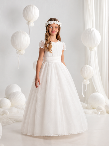 First Communion Dress Model #7703 Romantic Short Lace Sleeve