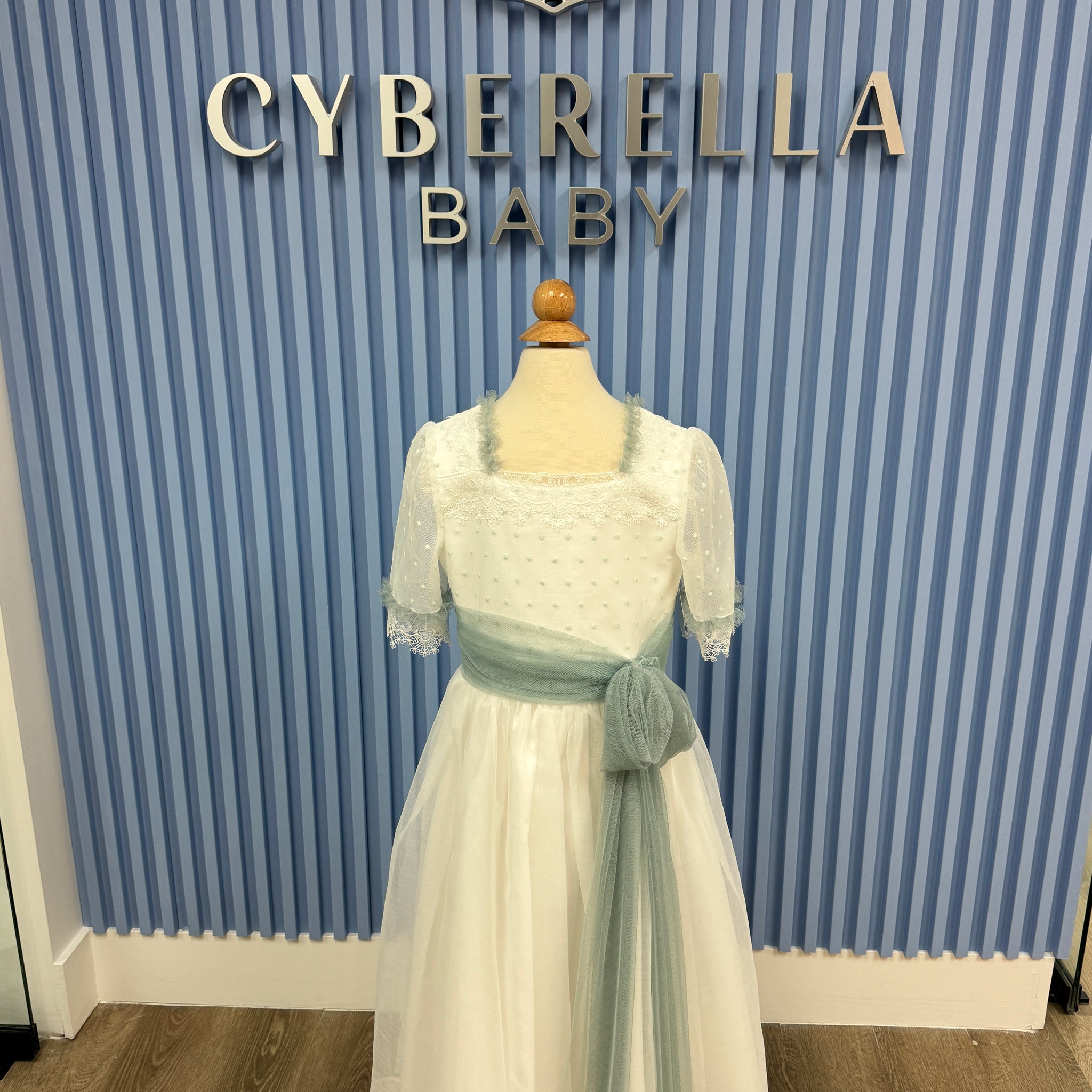 First Communion White Elegant dress with mint green polka dots and sash-#2105