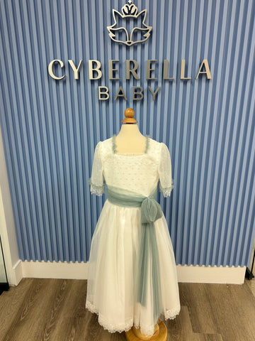 First Communion White Elegant dress with mint green polka dots and sash-#2105