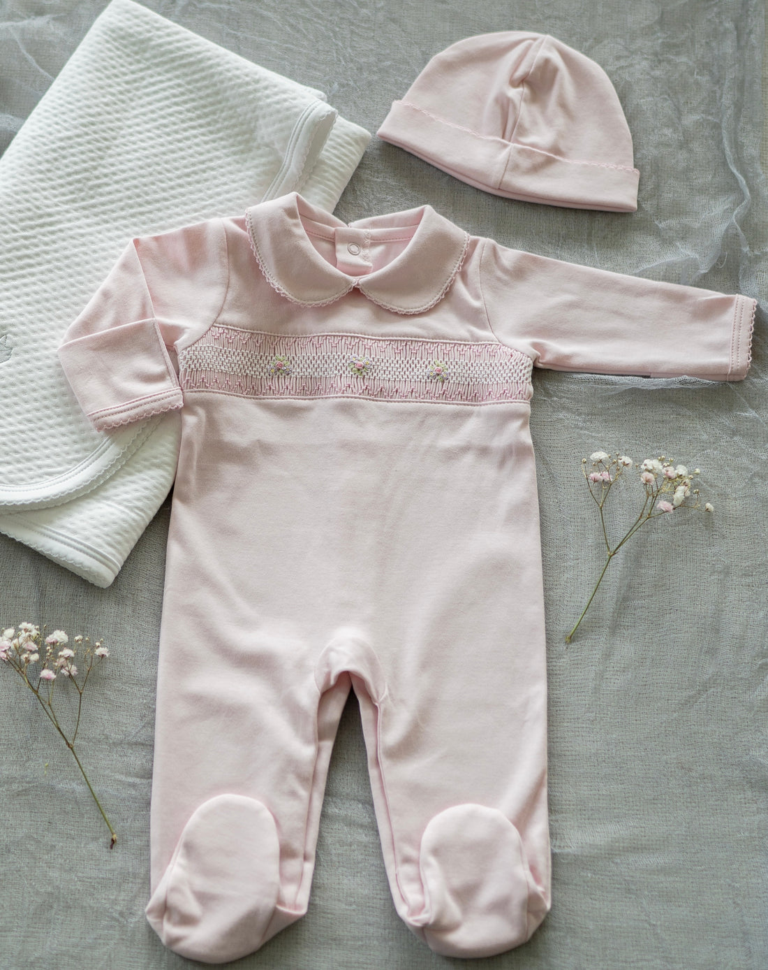 Pink Pima Cotton Smocked Romper with Hat | Soft Baby Outfit for First Wear