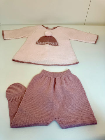 Pink Knitted Baby dress with matching pants – Winter Hat Design