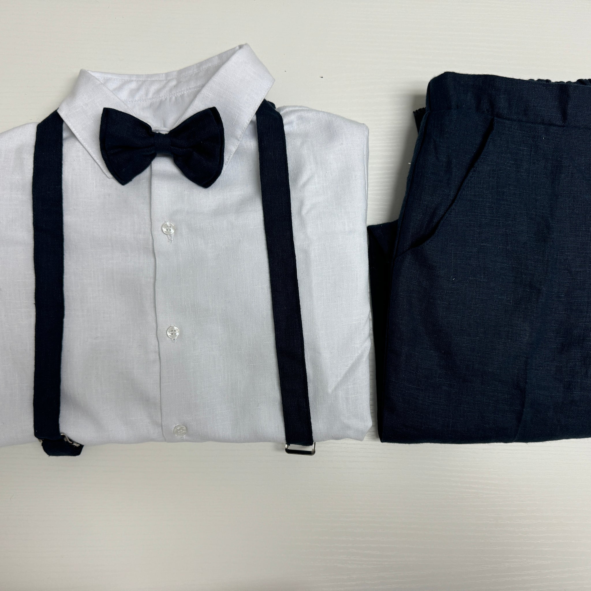 Classic Navy Linen Suspender Set with White Shirt and Bow Tie