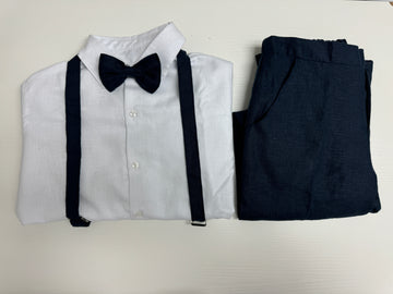 Classic Navy Linen Suspender Set with White Shirt and Bow Tie