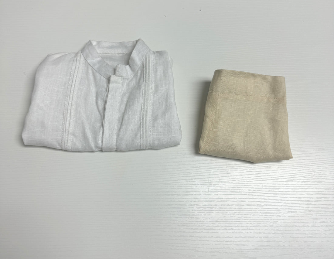 Classic Linen Boy Outfit- Light Yellow Mustard Shorts and White Shirt