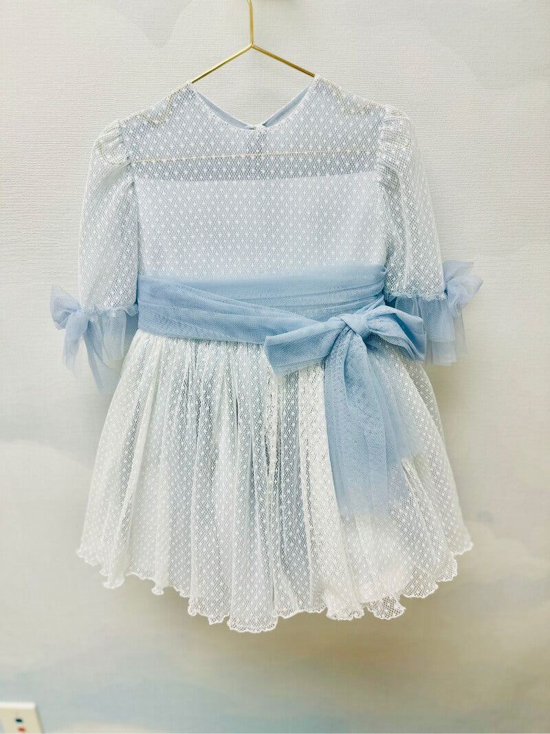 Cortejo Girls' Dress - Brocado Blanco-Celeste