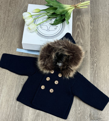 Navy Blue Baby Knit Coat with Faux Fur Hood