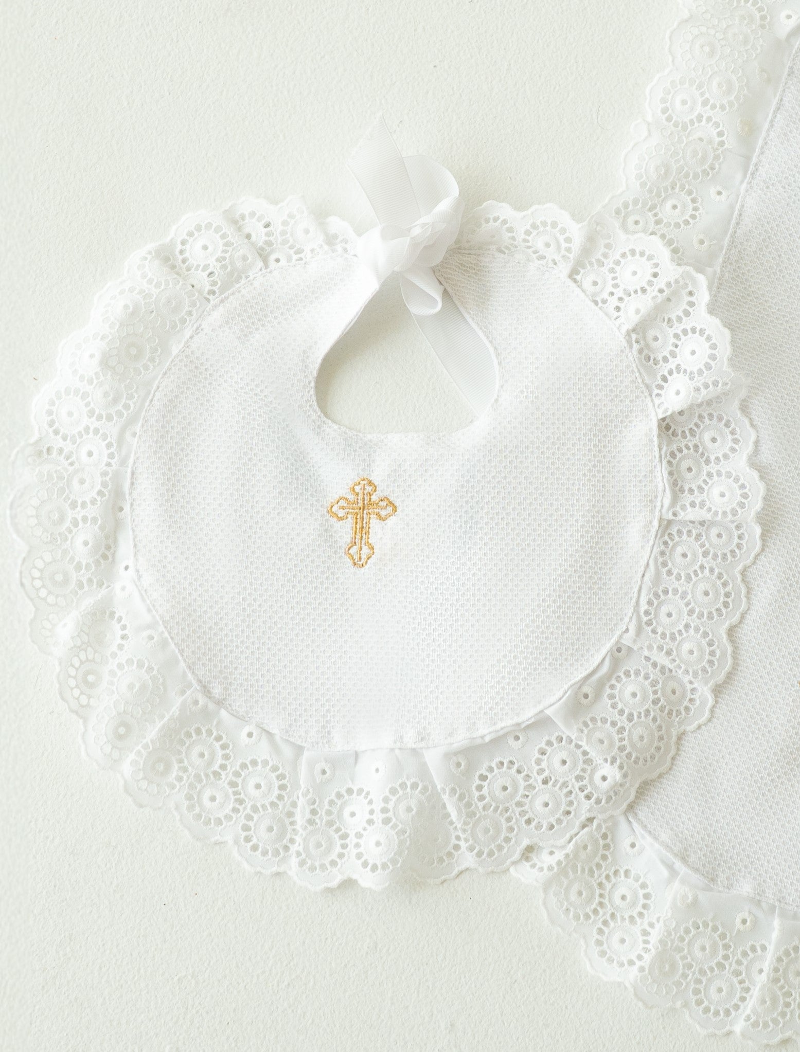 White Baptism Bib with Gold Cross Embroidery