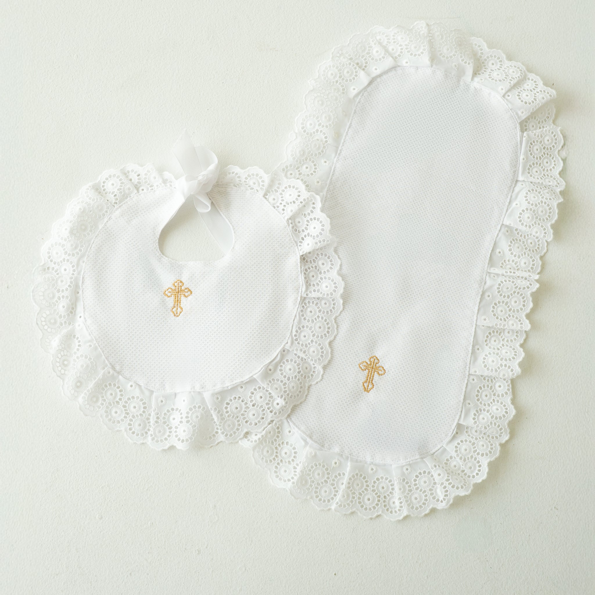 White Baptism Bib and Burp Cloth Set with Gold Cross Embroidery