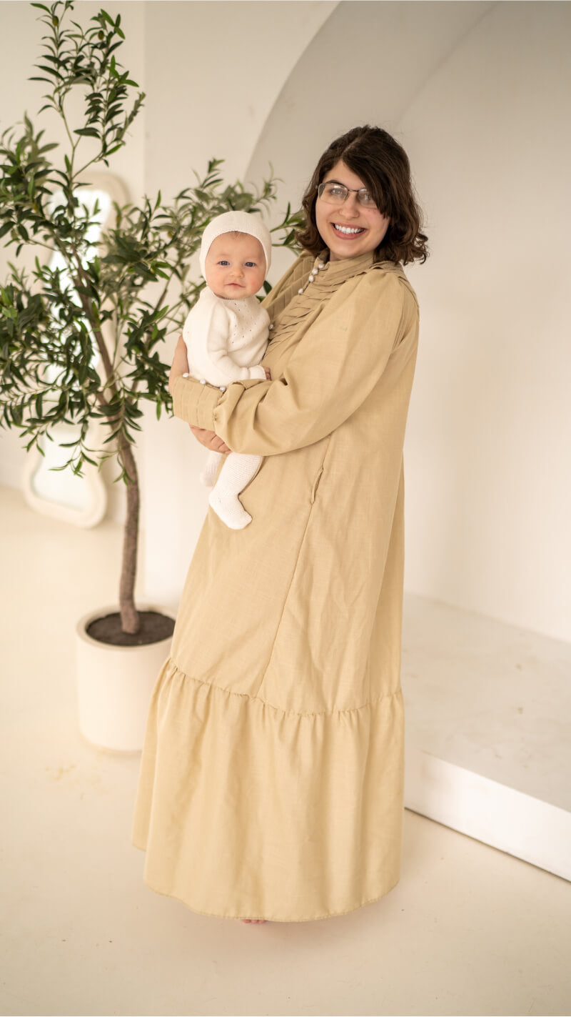 Premium Long Sleeve Brown/Sand Maternity Robe: 50% Linen & 50% Cotton